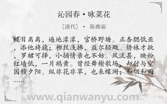 《沁园春·咏菜花》作者是清代的陈维崧.本诗词属于婉约;咏物;花类诗词.诗词全文约共139字.