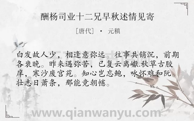 《酬杨司业十二兄早秋述情见寄》作者是唐代的元稹.诗词全文约共72字.