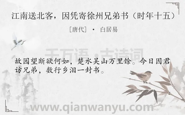 《江南送北客，因凭寄徐州兄弟书（时年十五）》作者是唐代的白居易.诗词全文约共32字.