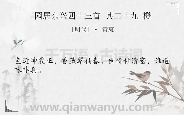 《园居杂兴四十三首 其二十九 橙》作者是明代的黄衷.诗词全文约共24字.